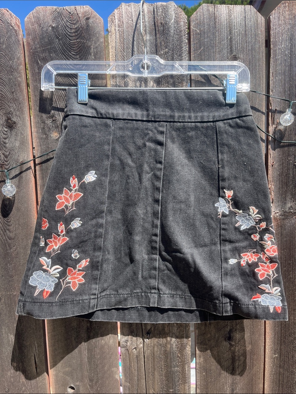 Embroidered Black A-Line Mini Skirt - Floral Detail